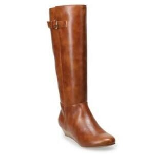 Anne Klein Mollie Wedge Tall Boots 9 Brown NWOT Vegan Leather Riding Comfort